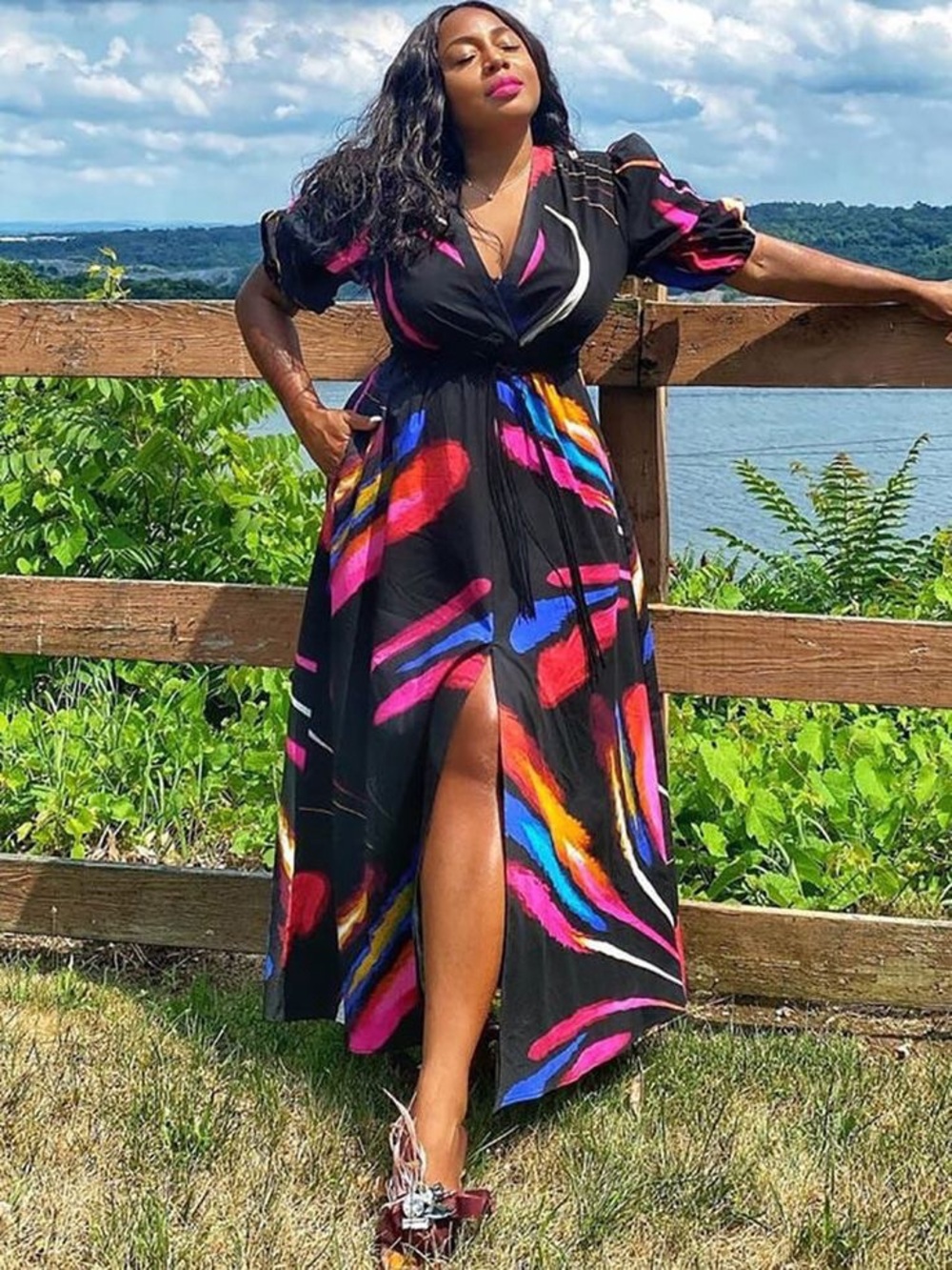 Gabrielle Union Abstract Print Puff Sleeve Maxi Dress Cotton Blend - Size XL